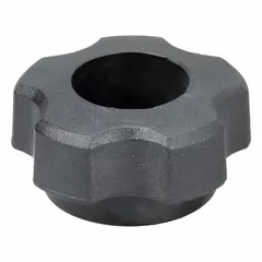 Plastic snap-lock knob with five arms for manual clamping and positioning. M10 thread with 15 mm thread length. 1.72 in diameter. Suitable for hand-tightening on machinery and equipment.