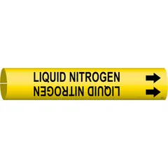 Yellow snap-on pipe marker with black legend reading 'Liquid Nitrogen' and directional arrows. Fits pipe outer diameters from 3/4 to 1-3/8 inches. Used to identify pipes carrying liquid nitrogen in industrial piping systems.
