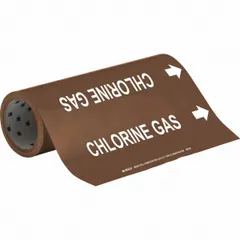 Brown adhesive pipe markers with white 'Chlorine Gas' legend and directional arrows. Each roll contains 30 markers for pipe outer diameters from 2-1/2 to 6 inches. Used to identify chlorine gas lines in industrial piping systems.