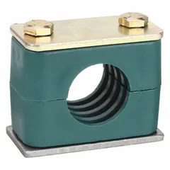 Steel clamp with polypropylene cushion for securing and dampening vibration in single-line piping systems. Ribbed bore provides enhanced grip. Suitable for hydraulic, pneumatic, and process piping applications.