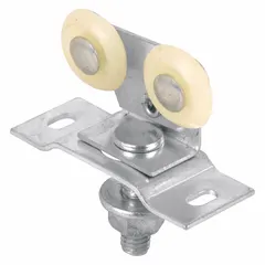 This hanging door roller measures 3 13/16 inches in width and supports doors up to 60 lb. It is used in sliding door applications to guide and support the door along a track, suitable for interior residential or light commercial sliding doors.