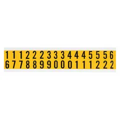 Permanent character set with black Gothic numbers 0-9 on yellow, non-reflective background. 5/8 in character height, 25-pack for indoor/outdoor use. Not self-spacing or aligning. Suitable for marking pipes, bins, equipment, and electrical panels in industrial facilities and warehouses.