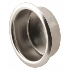 Round recessed handle designed for tray applications. Made of steel with a nickel-plated silver finish. Snap-in mounting allows installation without exposed fasteners. Supplied in a 4-pack.