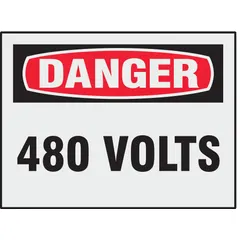 Adhesive-mounted danger sign indicating 480 volts. Supplied as an 8-pack. Not retroreflective, not glow-in-the-dark, and without anti-slip surface. Suitable for indoor use where electrical hazard warnings are required.