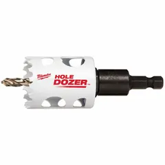 Bi-metal hole saw with attached arbor for cutting wood, metal, plastic, and drywall. Features 3.5 teeth per inch and a maximum cutting depth of 1-5/8 in. Suitable for electrical, plumbing, and HVAC installations.