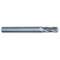 This helical-flute thread mill is made from carbide and features an M14x1.5 metric thread size with 4 flutes. It is used for cutting internal or external threads in hard materials, suitable for precision threading operations requiring tight tolerances.