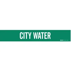 Green pipe marker with white legend reading 'City Water', without directional arrows. Designed to fit pipe outer diameters from 2-1/2 to 7-7/8 inches. Used for identifying municipal water supply lines in industrial piping systems.