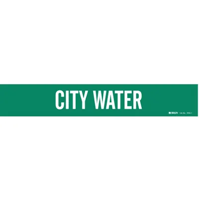 BRADY Pipe Marker: City Water, Green, White, Fits 2 1/2 to 7 7/8 in Pipe O.D. - City Water Adhesive Pipe Markers