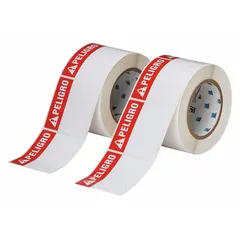 Precut label roll with PELIGRO header for hazard identification. Each label measures 3 in x 3 in, made of white polyester with rubber adhesive. Halogen-free material. Roll contains 500 labels. Compatible with BBP81 printer series.