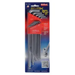 This 13-piece L-shaped hex key set from EKLIND includes extra-long SAE keys with a single ball end for angled access. The bright finish resists corrosion. Suitable for tightening or loosening socket-head cap screws and set screws in machinery and equipment assembly and repair.