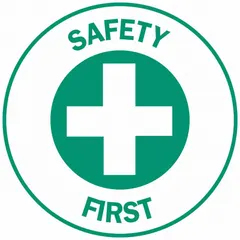 This 2-inch diameter label is designed for application on hard hats to communicate a safety-first message. It is printed in English, non-reflective, and suitable for universal use. Each pack contains 4 labels. Commonly used in industrial environments such as construction sites, manufacturing plants, and warehouses to promote safety awareness.