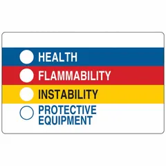 Paper adhesive label for workplace hazard communication. Measures 3 in width by 1 7/8 in height. Supplied in a 500-pack. Used to identify chemical hazards on containers, pipes, or equipment.