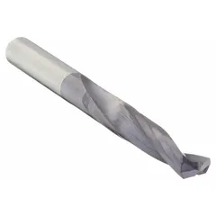 Solid carbide screw-machine length drill bit with AlTiN coating and slow spiral flute design. Features a 135° 4-facet point geometry that reduces thrust and walking during entry. Suitable for horizontal drilling operations in screw machines and CNC lathes, particularly in shallow-hole applications where chip evacuation is critical.
