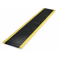 This wear-resistant antifatigue mat measures 3 ft x 9 ft with a 9/16 in thickness. It is constructed of vinyl over PVC foam with an anti-slip backing, and features a black with yellow border and beveled edge. Suitable for industrial work areas where standing workers need reduced fatigue and improved traction.