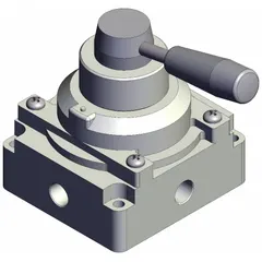 Manual air control valve with lever actuator and side-ported body. Features three-position closed-center operation. Port size is 1/4 in NPT with maximum operating pressure of 1 MPa. Used in pneumatic systems for directing or shutting off compressed air.