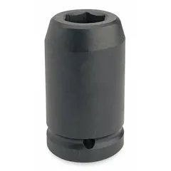 This 1-1/2" drive impact socket is designed for use with high-torque impact tools. It features a deep, 6-point SAE configuration with a 3-3/8" socket size and a black oxide finish. Suitable for heavy-duty fastening and loosening of hex nuts and bolts in industrial maintenance and construction applications.