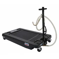 This low-profile truck drain is constructed of black polypropylene with a 17-gallon capacity and an overall height of 7 3/4 inches. Designed for draining engine oil, transmission fluid, and other lubricants from trucks and heavy equipment, its low height allows it to slide under low-clearance vehicles for fleet maintenance and repair shop use.