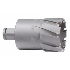 Carbide-tipped annular cutter with a bright finish and Weldon Flat shank. Cuts 1-7/8 in diameter holes up to 2 in deep in tough materials such as stainless steel and structural steel. Suitable for metal fabrication, construction, and maintenance applications.