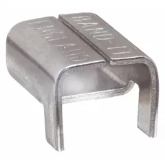 Grade 316 stainless steel strapping clips for 1/4 in strap width. Round surface type, regular duty. Supplied in a 100-pack. Used for securing and terminating stainless steel strap in bundling, cable management, and pipe insulation fastening.