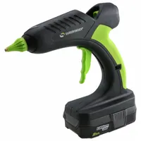 Cordless hot melt applicator gun with finger trigger actuator. Operates at 18V and delivers a 1 lb/hr output rate. Suitable for industrial bonding, packaging, and assembly tasks in manufacturing and maintenance environments