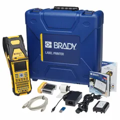 This 2-inch handheld label printer features Bluetooth connectivity and 300 dpi printhead resolution. It includes a battery, black ribbon cartridge, USB cable, and Brady Workstation Basic Design Suite software. Used for on-site labeling in industrial settings, such as asset tracking, cable marking, and safety signage.