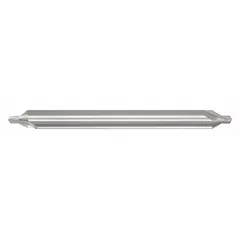 This plain-tip center drill is double-ended with a #5 size, 90° angle, and 6-inch overall length. Made of carbide, it is used for creating precise starting holes in workpieces prior to drilling, reaming, or turning operations.
