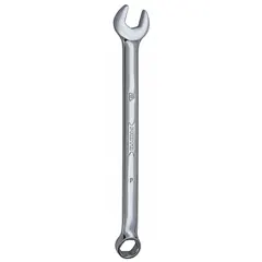 Alloy steel construction with chrome finish. 12 mm head size, 6-point offset design. Overall length 7 3/4 in. Used for tightening or loosening 12 mm fasteners in industrial maintenance, automotive repair, and machinery assembly.