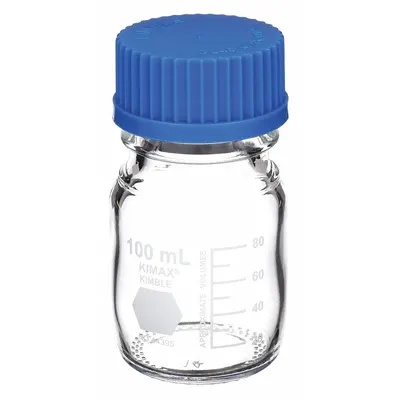 KIMBLE Media Bottle: 100 mL, Screw-On, GL 45, 100 mm, Colorless, Closure Included - Glass Lab Media Bottles