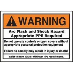 This adhesive vinyl sign warns of arc flash and shock hazards, requiring appropriate PPE before operating controls or opening covers. It is 0.006 in thick, measures 3 1/2 x 5 in, and is not retroreflective or glow-in-the-dark. Suitable for mounting on electrical panels and equipment in industrial settings to communicate safety warnings.