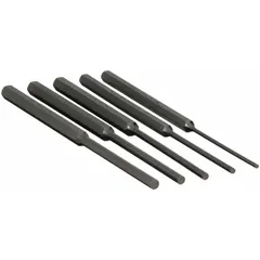 Set of five steel flat-tip pin punches with tip diameters of 3 mm, 4 mm, 5 mm, 6 mm, and 7 mm. Each punch features a 3 in/3 1/2 in taper length and a 9 in overall length. Used for driving out pins, roll pins, and dowels in mechanical assemblies.