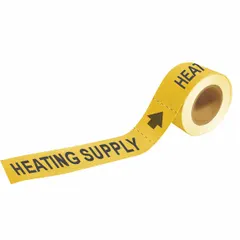 Yellow adhesive pipe markers on a roll for identifying heating supply pipes. Each marker features yellow legend text on a yellow background with directional arrows. Designed for pipe outer diameters from 2-1/2 to 6 inches. Supplied in rolls of 25 markers.