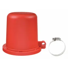 Plug cap lockout device for manually-actuated plug valves with a stem. Used to isolate valve operation during maintenance procedures, preventing accidental actuation. Red color for high visibility.