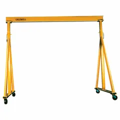 Steel gantry crane with adjustable height and rotating legs, mobile under load. Span adjusts from 8 ft to 12 ft. Used for lifting and positioning loads in maintenance, warehousing, and assembly operations.