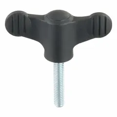Wing knob with threaded stud for manual clamping and adjustment on machinery and fixtures. Plastic body with steel thread, 75 mm diameter, 5/16"-18 thread size, 40 mm thread length. Hand-tightenable without tools.