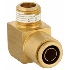 This brass adapter elbow features a push-to-connect fitting on one end for 3/8 in OD tubing and a 1/4 in NPTF male thread on the other. It is used in pneumatic and air brake systems to connect tubing to threaded ports without tools, providing a leak-resistant joint.