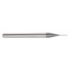 This carbide square end mill features a pencil-neck design for accessing deep cavities. With 4 flutes and AlTiN coating, it is suited for slotting, profiling, and contouring in ferrous and non-ferrous materials. Mill diameter is 3/64" with a 3/8" length of cut.