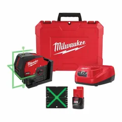 This cross-line laser level projects bright green horizontal and vertical lines for alignment and layout tasks. It features pendulum self-leveling with ±1/8 in @ 33 ft accuracy and operates on the M12 battery system. The kit includes a charger and provides a 100–200 ft range without a detector.