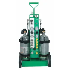 This cylinder cart is designed for transporting and storing 4500 psi high pressure SCBA cylinders. It has a maximum pressure rating of 4,500 psi and an empty cart weight of 55 lb. The cart provides a stable mobile platform for moving heavy breathing-air cylinders between fill stations, vehicles, and work areas.