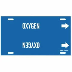 Pipe marker for identifying oxygen lines in industrial piping systems. Blue background with white legend text reading 'Oxygen'. Fits pipe outer diameters of 8 to 9-7/8 inches and includes directional arrows for flow indication. Single marker per unit.