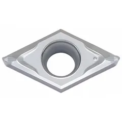 Diamond indexable turning insert for precision machining of non-ferrous materials, composites, and plastics. Suitable for turning, facing, and profiling operations requiring fine surface finishes. Used in general machining applications where high wear resistance and cutting edge sharpness are needed.