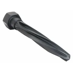 This hex-shank bridge reamer is used for enlarging or aligning holes in metal, particularly in structural steel and heavy fabrication. It is made from black oxide high-speed steel, which provides wear resistance and reduces friction during reaming operations.