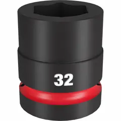 This 1" drive impact socket features a 32 mm metric size with a 6-point configuration and standard friction retention. Designed for use with impact wrenches in heavy-duty fastening and loosening tasks. Suitable for industrial maintenance, construction, and automotive applications.
