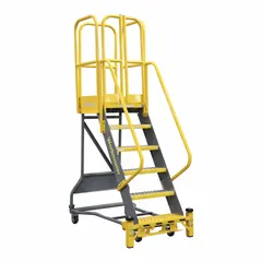 This steel safety cage rolling ladder features a 7.5 ft platform height and a yellow finish. It is equipped with double handrails and a foot-activated step lock for secure positioning. The unit is partially assembled and designed for industrial access tasks such as retrieving stored items or servicing equipment.