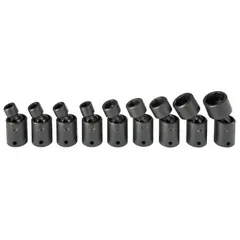 This 9-piece metric flex impact socket set includes 12-point sockets ranging from 5.5 mm to 13 mm with a 1/4 in drive. Designed for use with impact tools, the flex construction allows access to fasteners in confined spaces. Suitable for fastening and loosening nuts and bolts in industrial maintenance, automotive repair, and assembly applications.