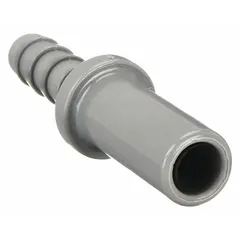 Acetal tube stem x barbed fitting for 1/4 in ID tubing, sold in a 10-pack. Suitable for connecting tubing to barbed ports in food and beverage systems where corrosion resistance and hygienic fluid transfer are required.