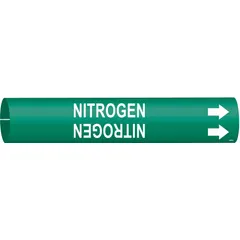 Green snap-on pipe marker with white legend reading 'Nitrogen' and directional arrows. Fits pipe outer diameters from 1-1/2 to 2-3/8 inches. Used to identify nitrogen lines in industrial piping systems for safety and compliance.