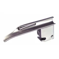 Reusable stainless steel Miller laryngoscope blade with fiber optic illumination. Size 0, silver finish, 3 in overall length, 7/8 in overall width. Used for direct laryngoscopy during endotracheal intubation, particularly in neonatal and pediatric airways.