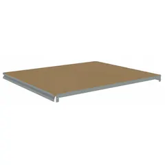 This shelf kit includes four zinc-plated steel beams and a gray unfinished particleboard deck. It is designed for use with boltless shelving systems to create a single straight shelf configuration. Typical applications include storage of medium-weight items in warehouses, stockrooms, and industrial facilities.
