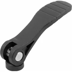 This cam lever features a plastic handle with a stainless steel threaded insert. The M6 thread allows for quick clamping and adjustment in jigs, fixtures, and machinery. The 71.5 mm handle length provides ergonomic operation for manual positioning and locking applications.