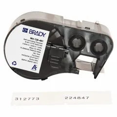 Thermal transfer precut label roll cartridge containing 180 black-on-white rectangle labels, each 19/32 in x 1 51/64 in. Designed for use with BMP41 printer series. Suitable for labeling vials and tubes with diameters from 1.0 to 8.0 mL in laboratory and healthcare settings.